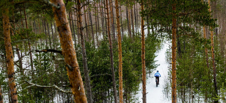 Radfahrer im Winter im Wald, warm gekleidet